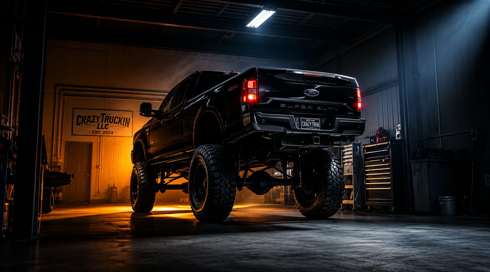 Atmospheric shop garage with a lifted truck silhouette